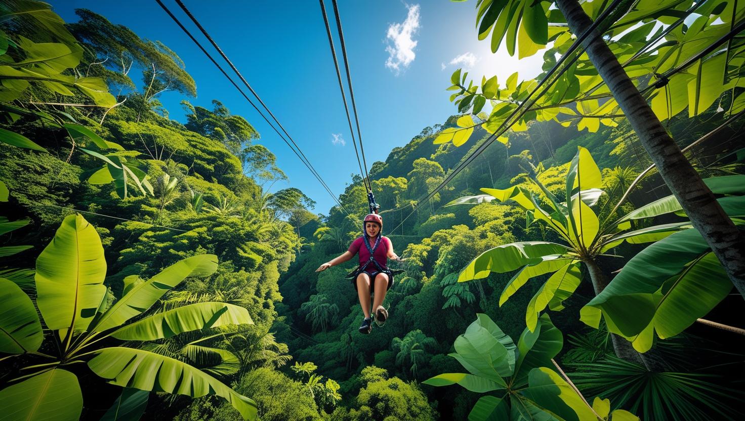 Guest riding a zipline above green trees